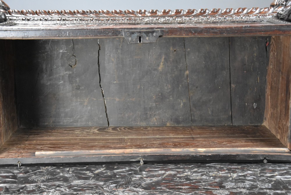 Elaborate mid 17th century Italian carved cedar and walnut cassone View XVII