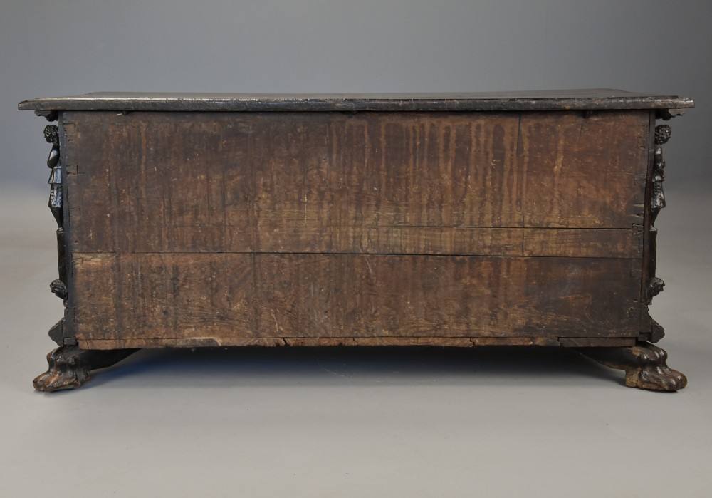Elaborate mid 17th century Italian carved cedar and walnut cassone View XVIII