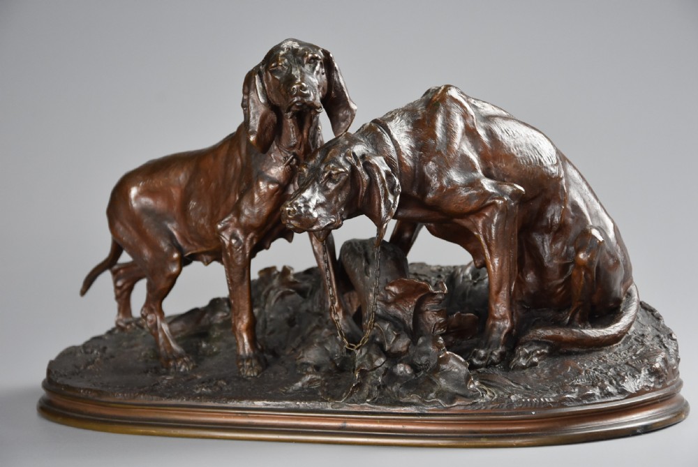 Mid 19th century superb quality bronze group of two hunting dogs titled ‘Chiens Braque au Repose’, signed PJ Mene