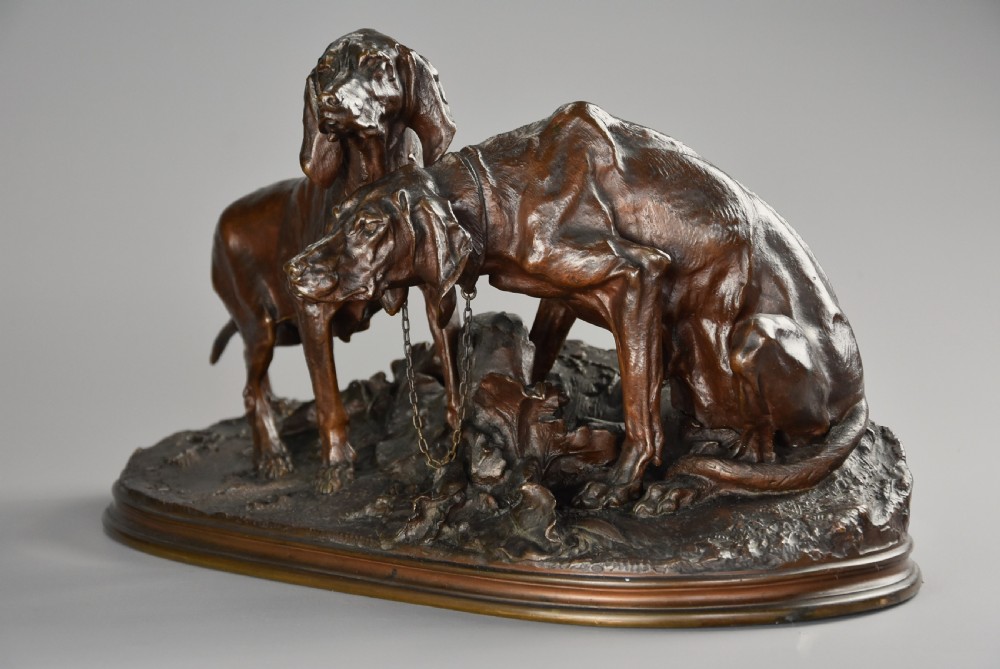 Mid 19th century superb quality bronze group of two hunting dogs titled ‘Chiens Braque au Repose’, signed PJ Mene View II