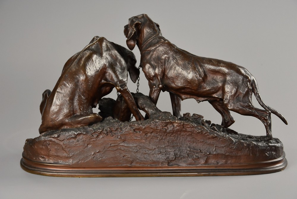 Mid 19th century superb quality bronze group of two hunting dogs titled ‘Chiens Braque au Repose’, signed PJ Mene View VII
