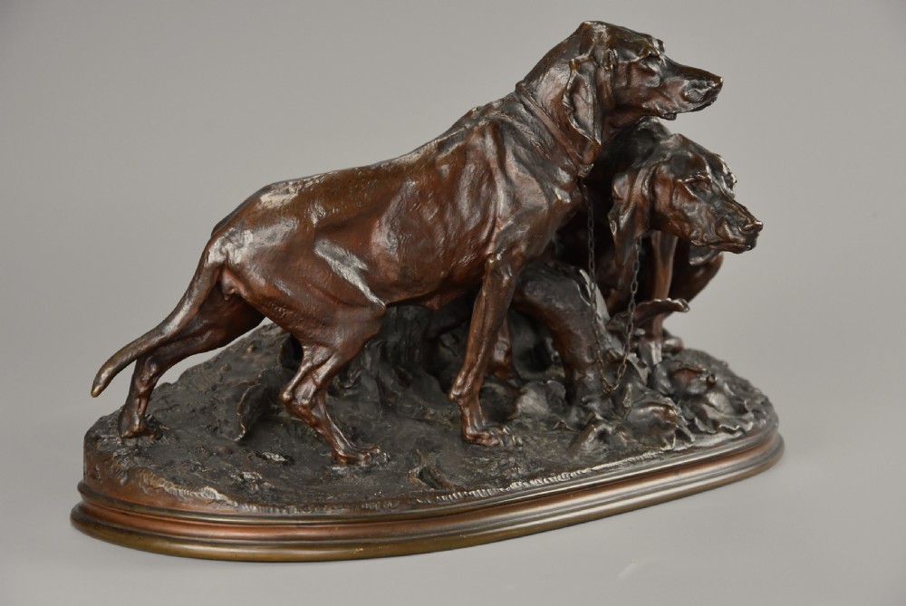 Mid 19th century superb quality bronze group of two hunting dogs titled ‘Chiens Braque au Repose’, signed PJ Mene View IX