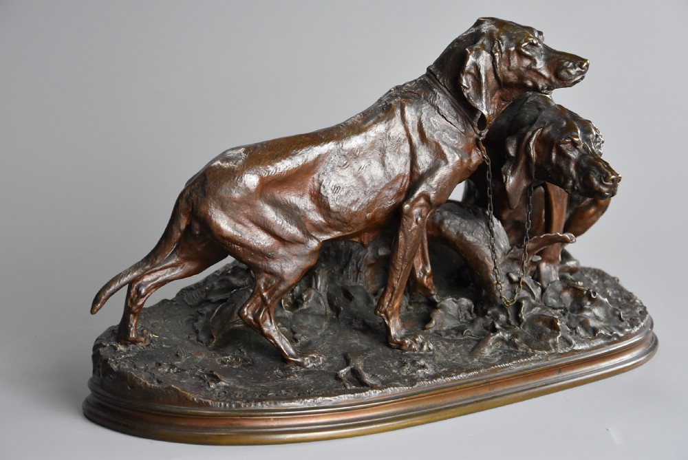 Mid 19th century superb quality bronze group of two hunting dogs titled ‘Chiens Braque au Repose’, signed PJ Mene View XII