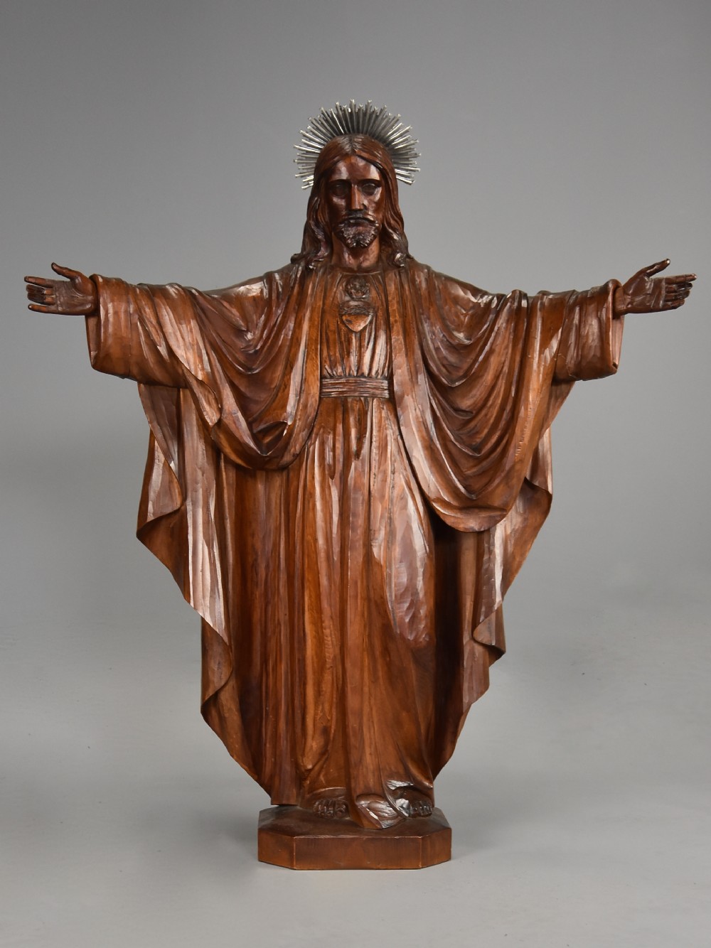 Large finely carved limewood figure of Christ the Redeemer, signed L.F. Dapre B.O.W. 1947