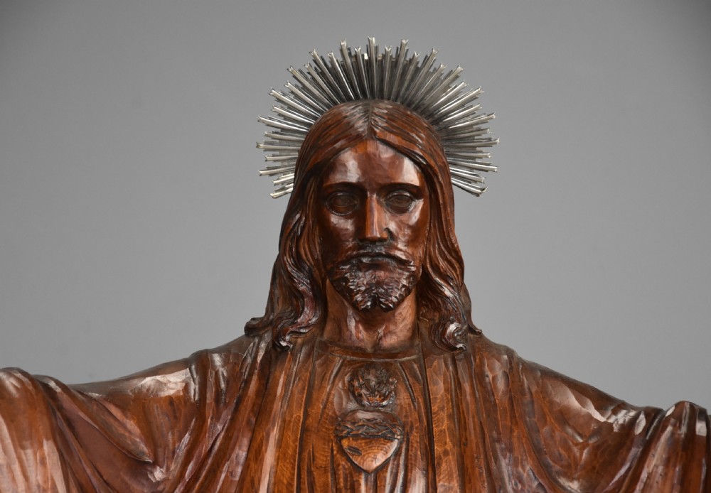 Large finely carved limewood figure of Christ the Redeemer, signed L.F. Dapre B.O.W. 1947 View II
