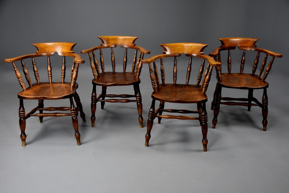 Set of four mid 19th century  ash, elm & beech smokers bow Windsor or Captain’s chairs