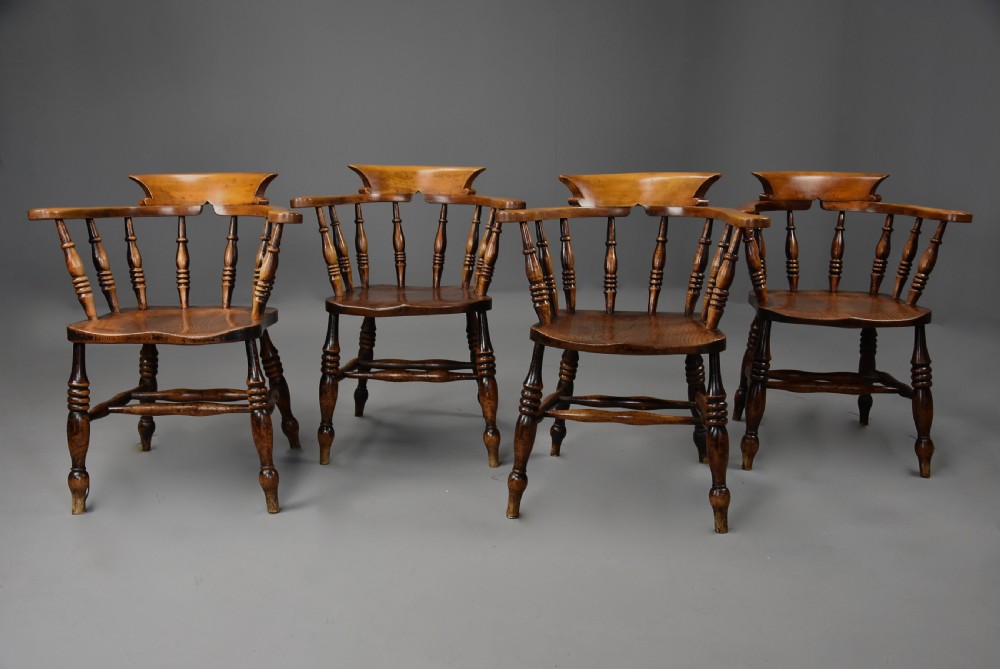 Set of four mid 19th century  ash, elm & beech smokers bow Windsor or Captain’s chairs View II