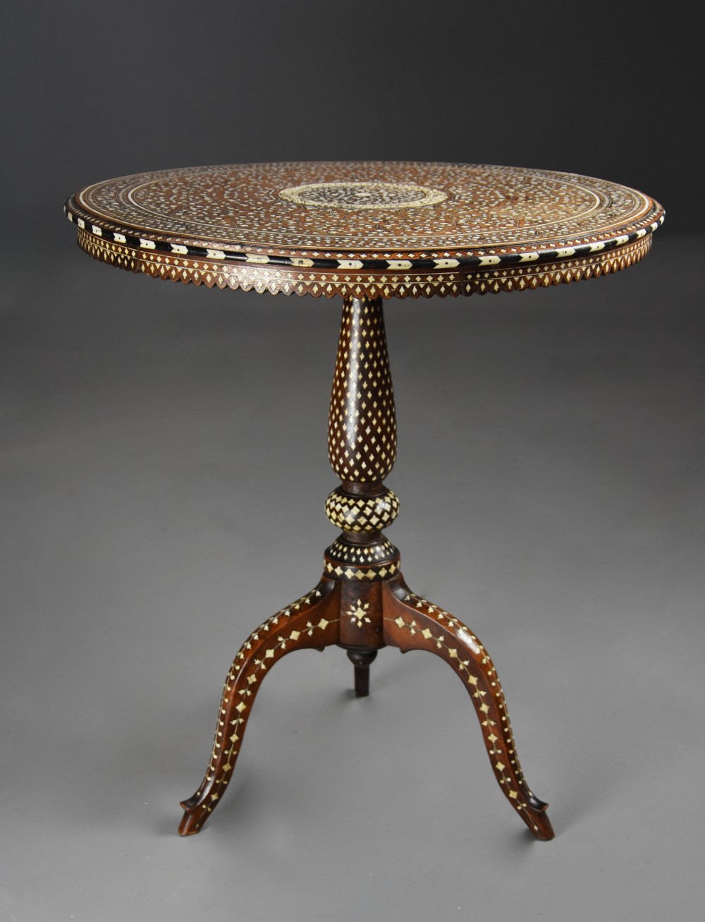 Rare, superb quality late 19thc Anglo Indian Hoshiarpur circular hardwood inlaid occasional table