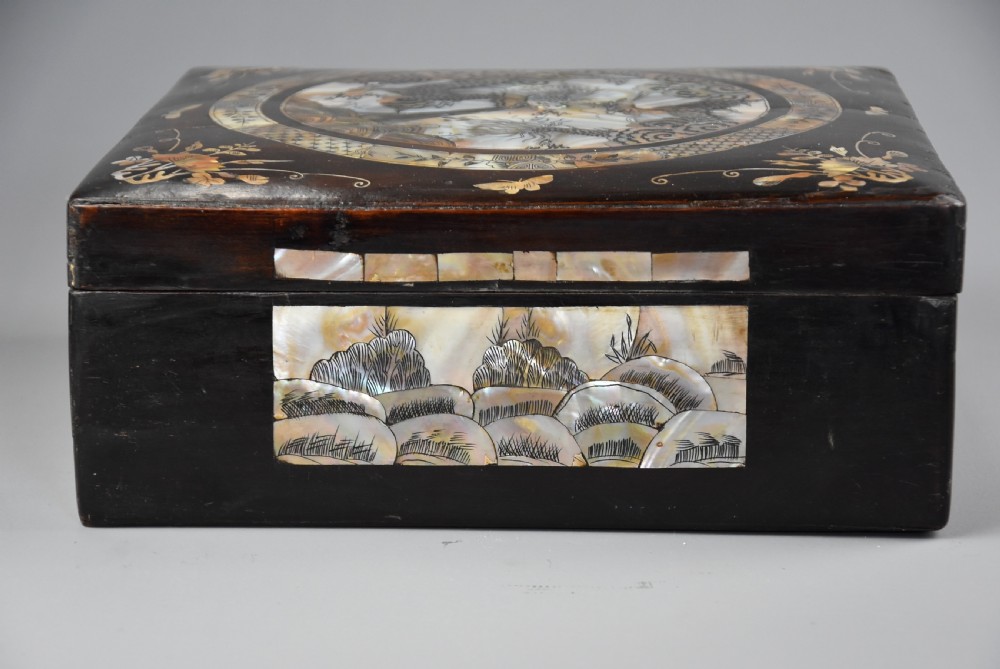 A square dark hardwood box decorated with mother-of-pearl inlay featuring a central dragon motif inside a circular frame surrounded by corner floral designs. View VIII