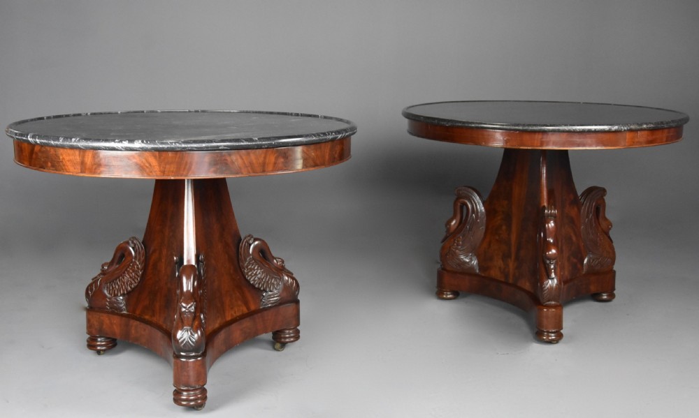 Fine quality near pair of 19thc French Empire mahogany gueridon tables with carved swan decoration  View II