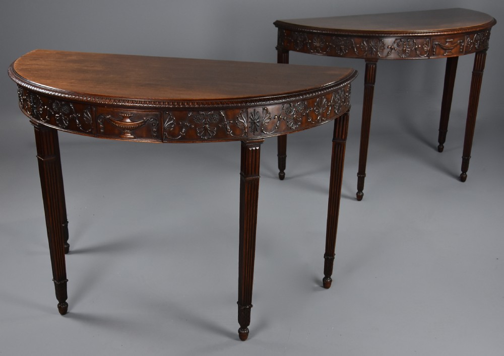 Superb pair of fine quality late 19th century mahogany demi-lune console tables in the Adam style View II