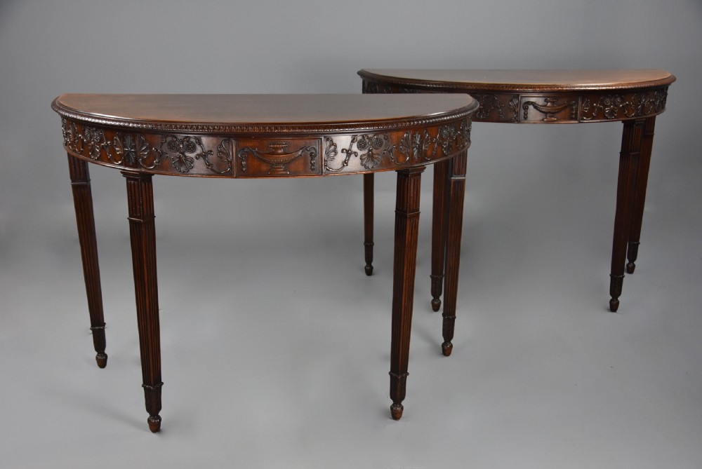 Superb pair of fine quality late 19th century mahogany demi-lune console tables in the Adam style View III