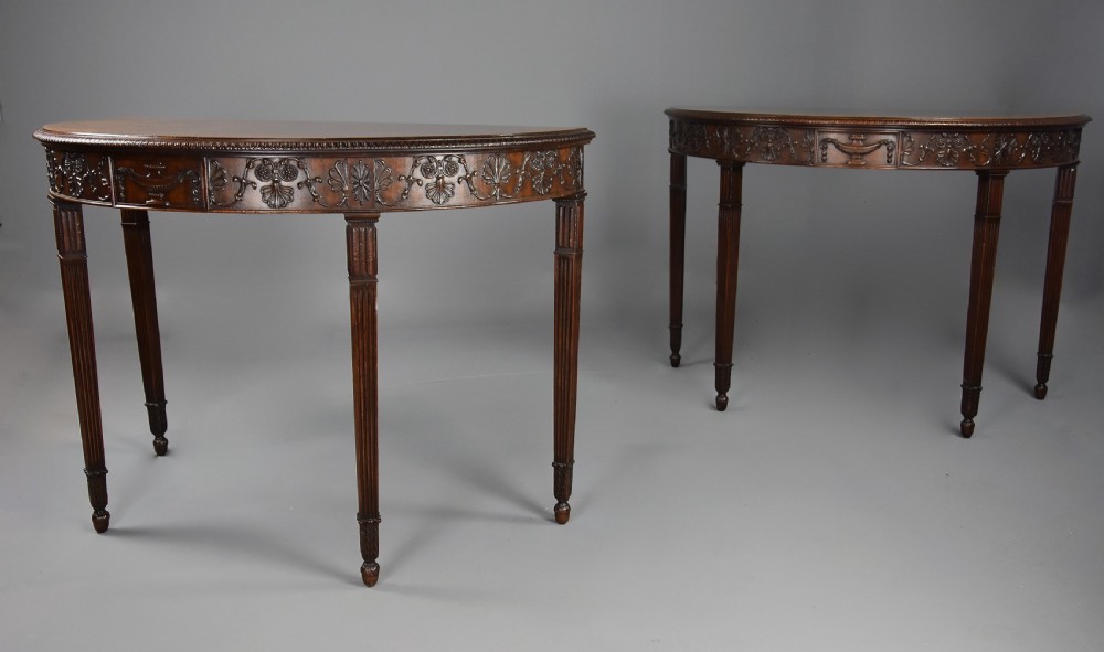 Superb pair of fine quality late 19th century mahogany demi-lune console tables in the Adam style View IV