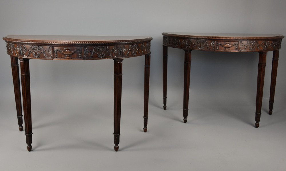 Superb pair of fine quality late 19th century mahogany demi-lune console tables in the Adam style View V