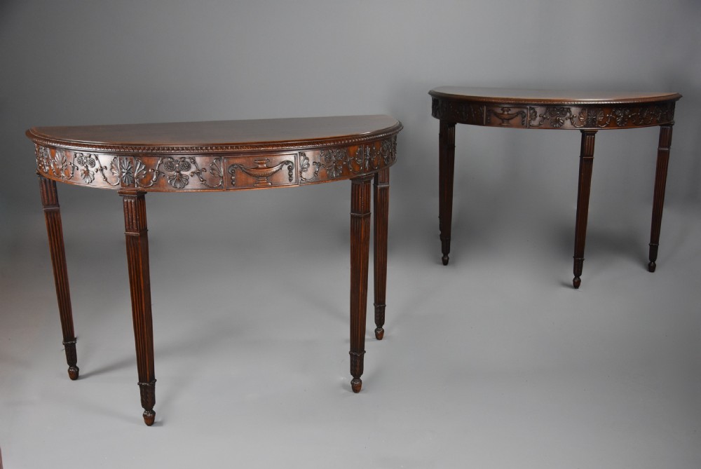 Superb pair of fine quality late 19th century mahogany demi-lune console tables in the Adam style View VI