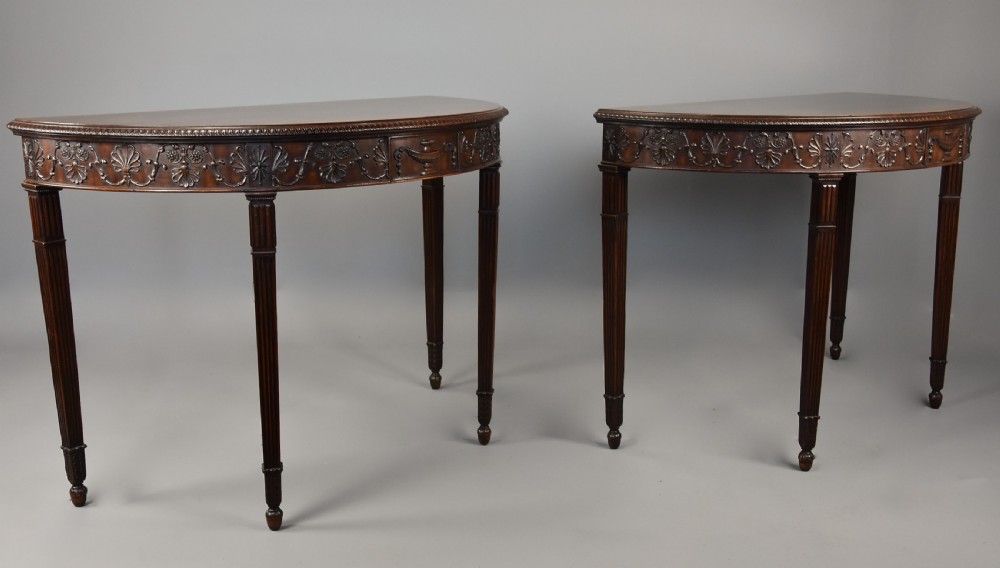 Superb pair of fine quality late 19th century mahogany demi-lune console tables in the Adam style View VII