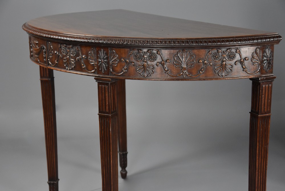 Superb pair of fine quality late 19th century mahogany demi-lune console tables in the Adam style View VIII