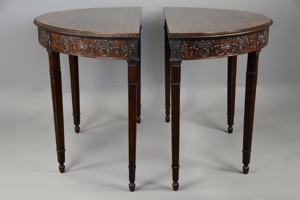 Superb pair of fine quality late 19th century mahogany demi-lune console tables in the Adam style View XII