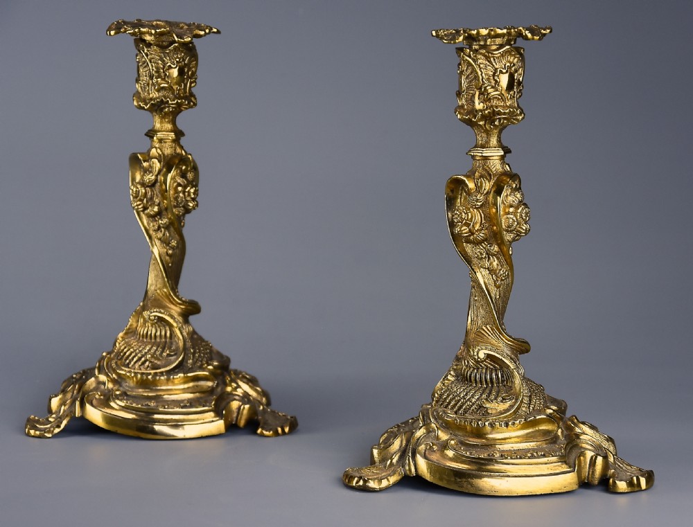 Pair of late 19th century French brass candlesticks in the Rococo style View II