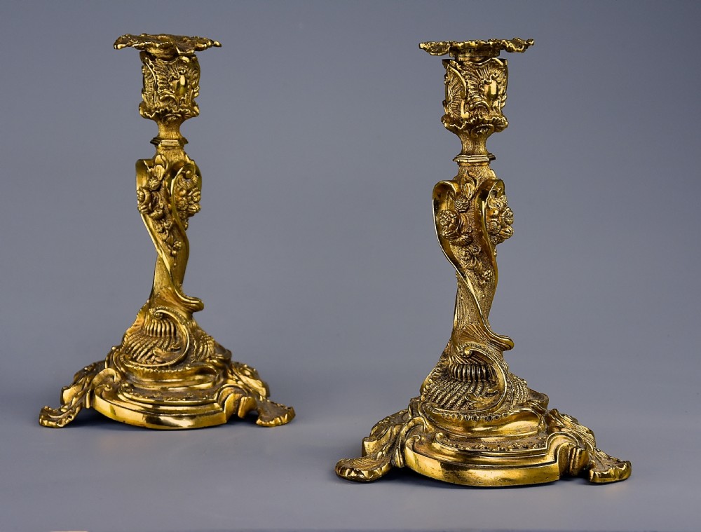 Pair of late 19th century French brass candlesticks in the Rococo style View IV