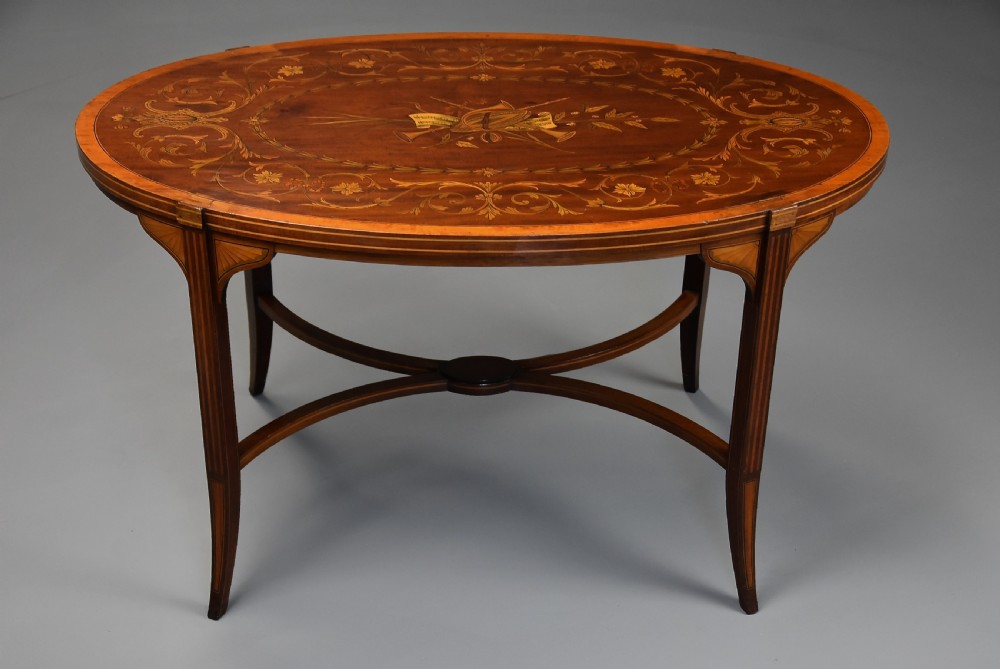 Fine quality Edwardian inlaid mahogany coffee table of oval form View VII