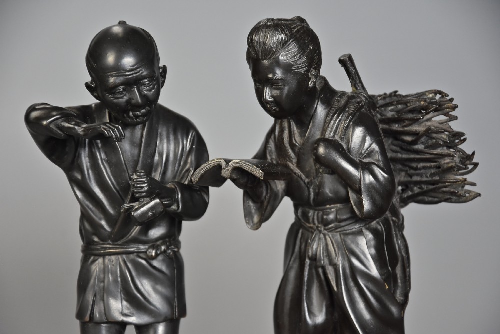 Pair of fine quality early 20th century Meiji Japanese bronzes of a peasant man & woman View V