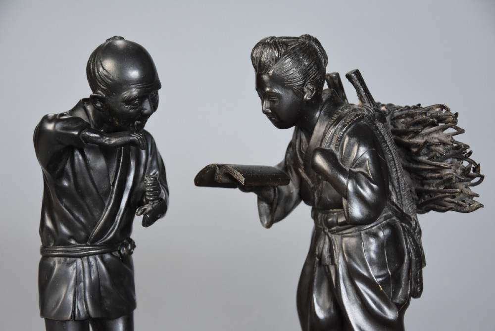 Pair of fine quality early 20th century Meiji Japanese bronzes of a peasant man & woman View VI