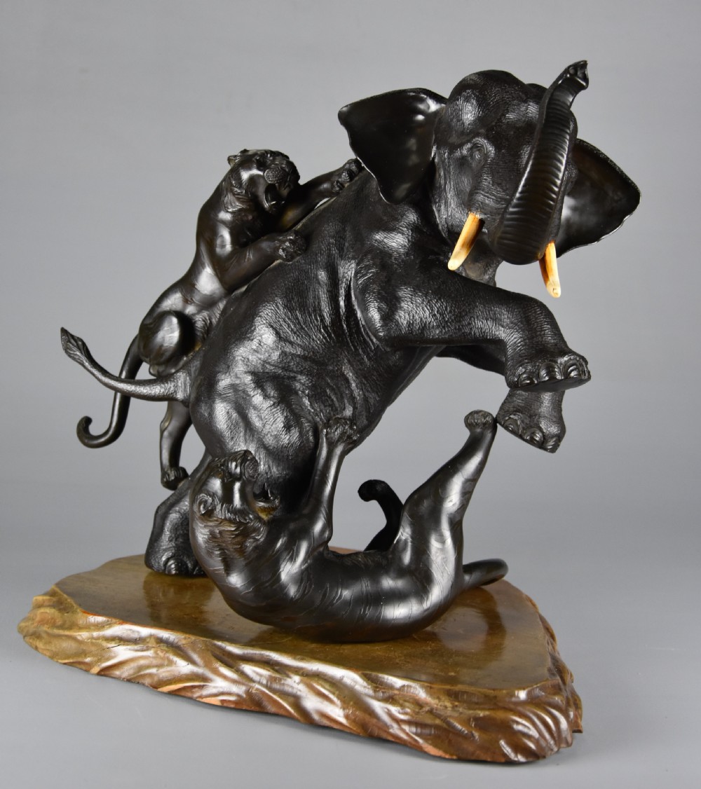 Large fine quality late 19th century Meiji Japanese bronze elephant & tiger group by animalier specialist Genryusai Seiya View II