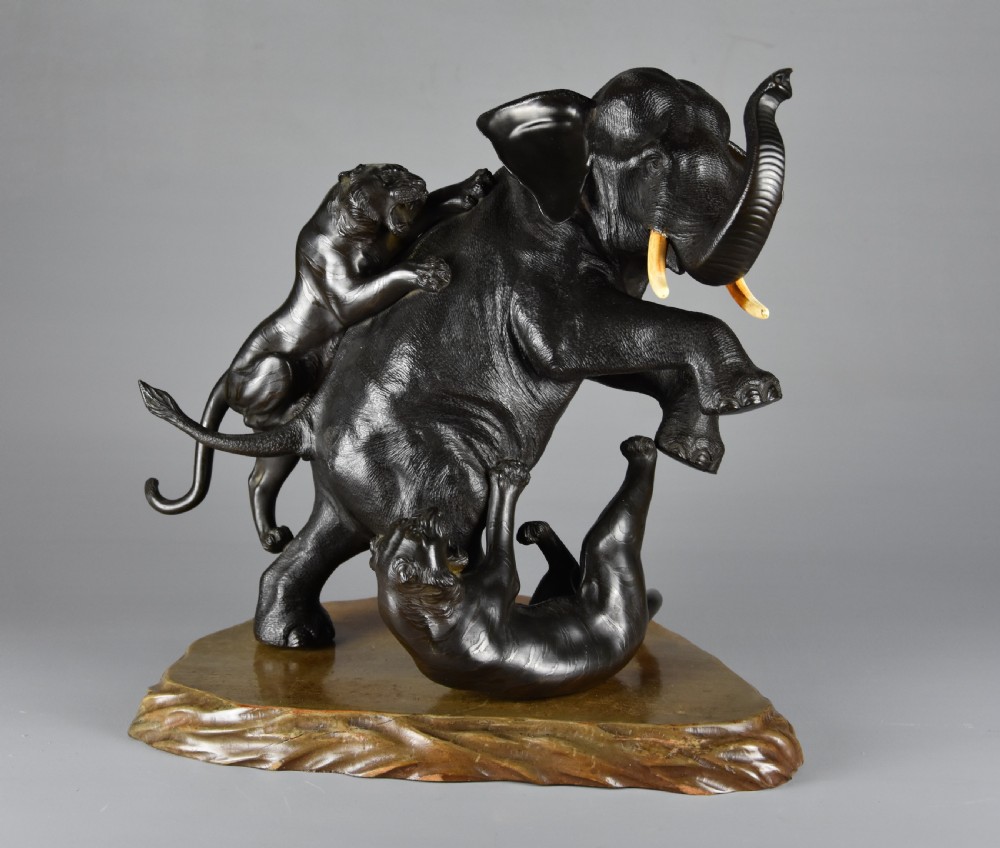 Large fine quality late 19th century Meiji Japanese bronze elephant & tiger group by animalier specialist Genryusai Seiya View III