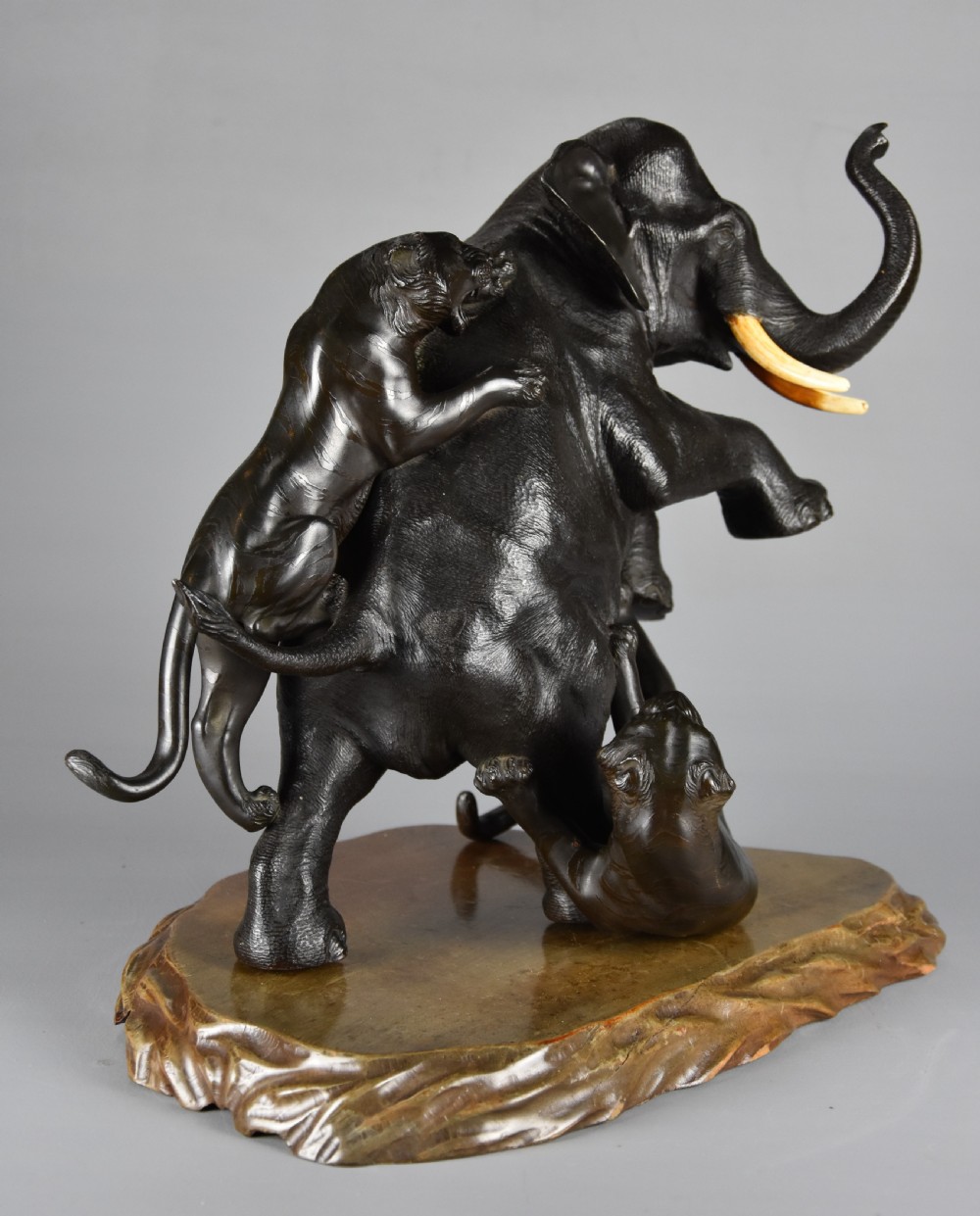 Large fine quality late 19th century Meiji Japanese bronze elephant & tiger group by animalier specialist Genryusai Seiya View VII