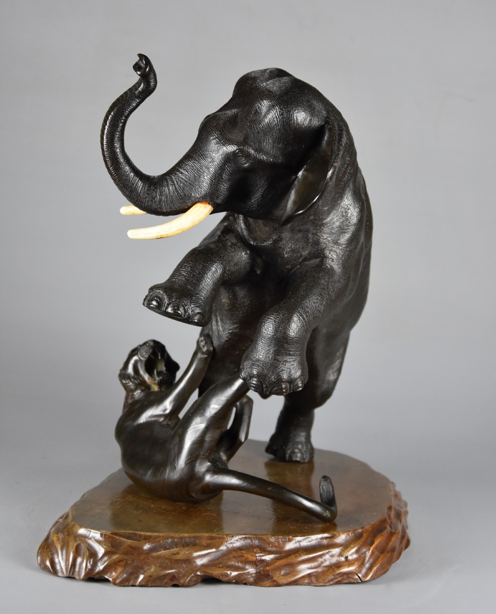 Large fine quality late 19th century Meiji Japanese bronze elephant & tiger group by animalier specialist Genryusai Seiya View XII