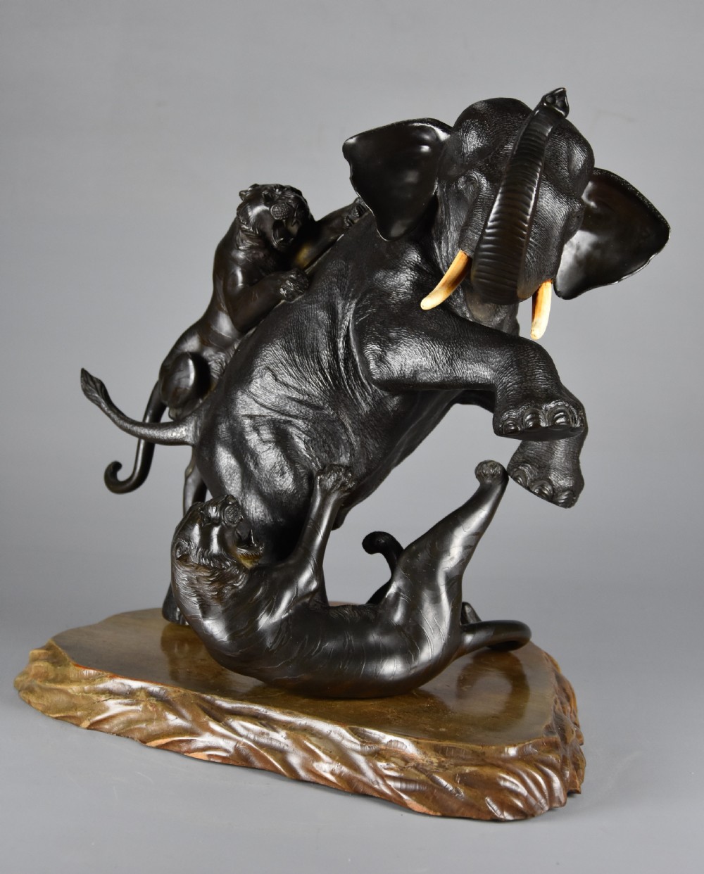 Large fine quality late 19th century Meiji Japanese bronze elephant & tiger group by animalier specialist Genryusai Seiya View XIII