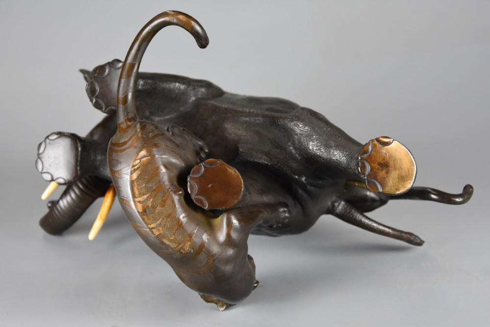 Large fine quality late 19th century Meiji Japanese bronze elephant & tiger group by animalier specialist Genryusai Seiya View XV