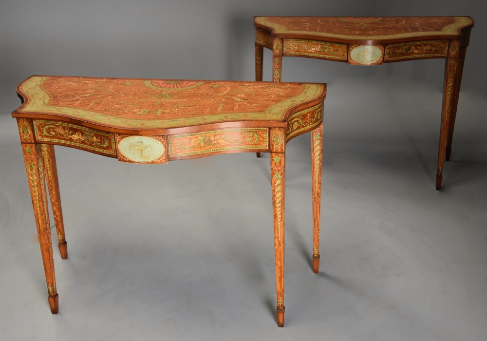 Superb pair of Sheraton revival satinwood & painted serpentine shaped console tables View II