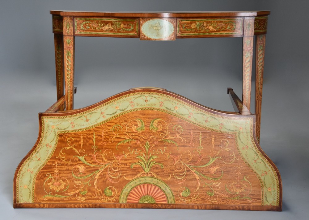 Superb pair of Sheraton revival satinwood & painted serpentine shaped console tables View III