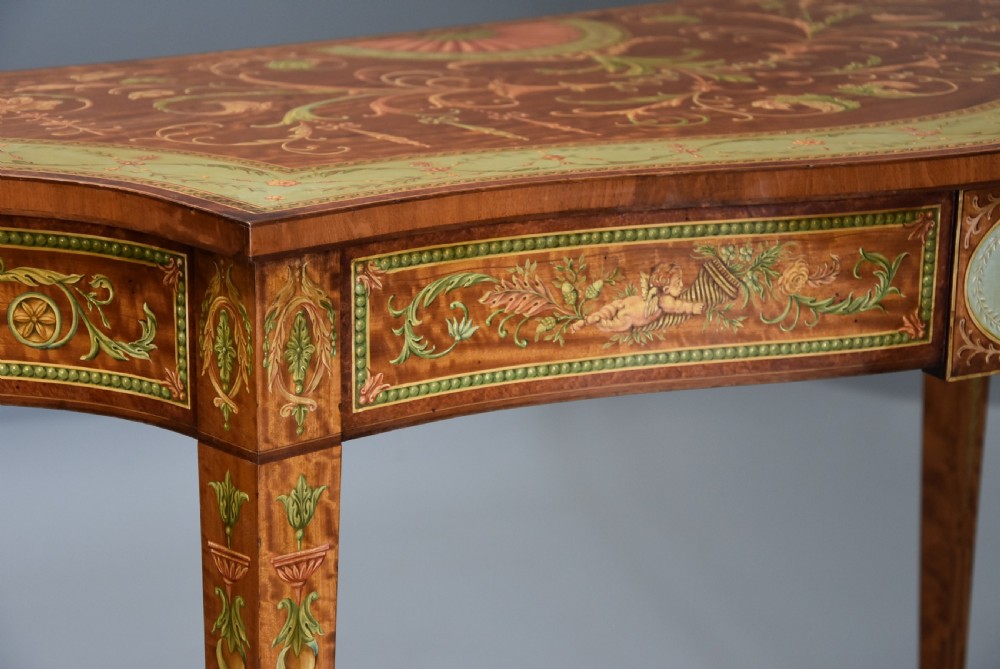Superb pair of Sheraton revival satinwood & painted serpentine shaped console tables View VII