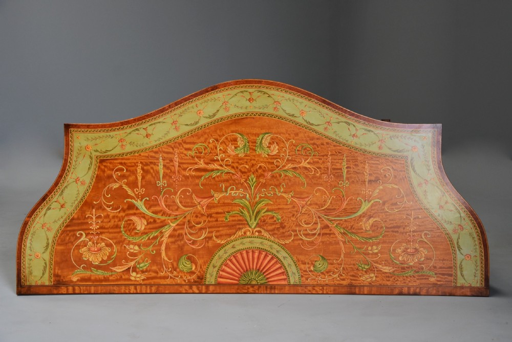 Superb pair of Sheraton revival satinwood & painted serpentine shaped console tables View IX