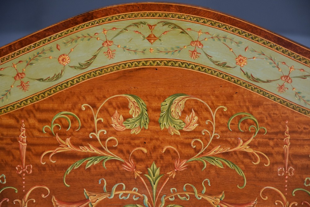 Superb pair of Sheraton revival satinwood & painted serpentine shaped console tables View X