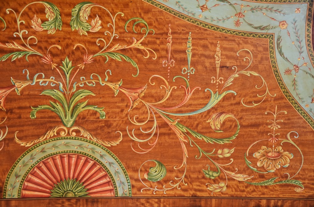 Superb pair of Sheraton revival satinwood & painted serpentine shaped console tables View XI
