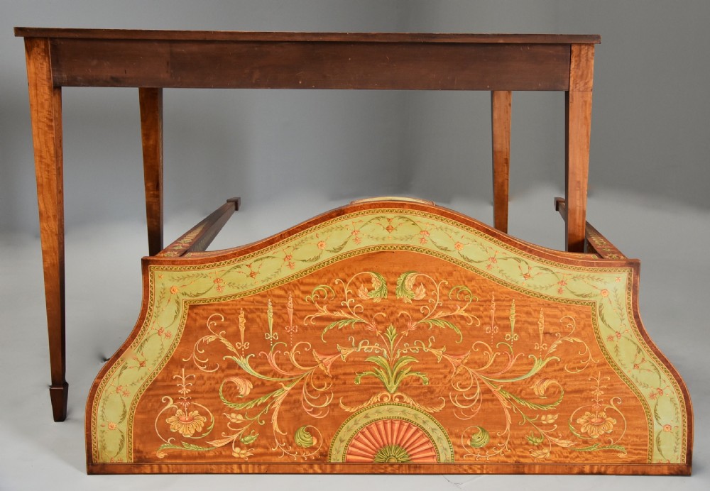Superb pair of Sheraton revival satinwood & painted serpentine shaped console tables View XII