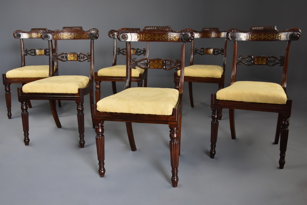 Fine quality set of six 19th century Regency rosewood dining chairs with brass inlaid decoration
