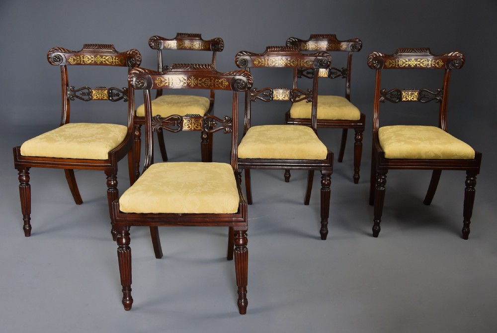 Fine quality set of six 19th century Regency rosewood dining chairs with brass inlaid decoration View II