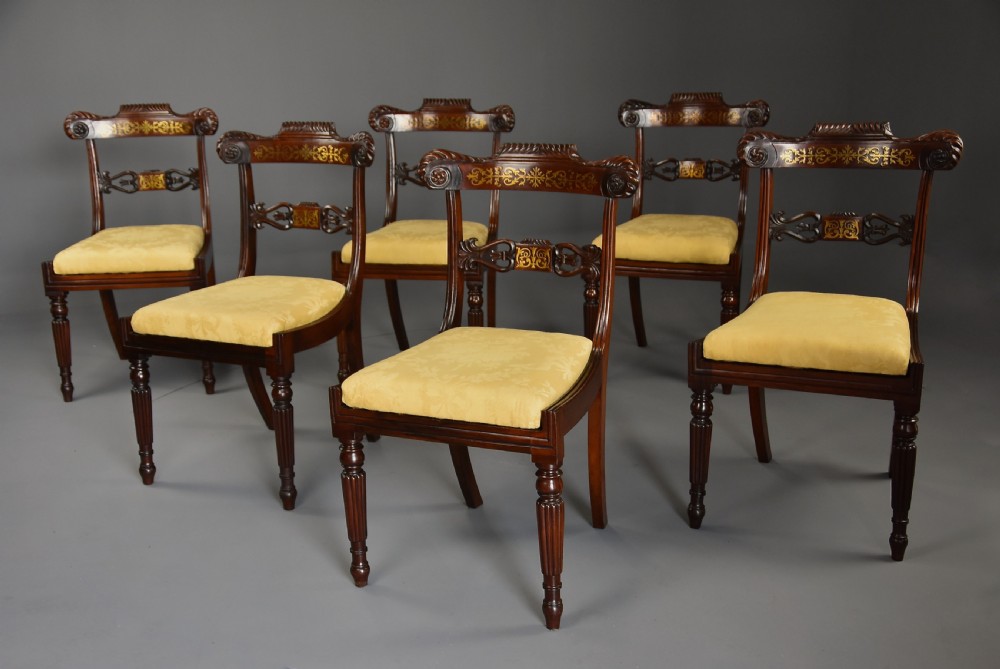 Fine quality set of six 19th century Regency rosewood dining chairs with brass inlaid decoration View III