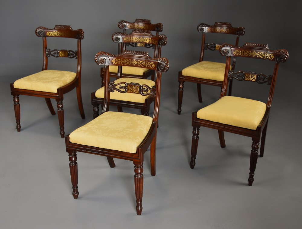 Fine quality set of six 19th century Regency rosewood dining chairs with brass inlaid decoration View V