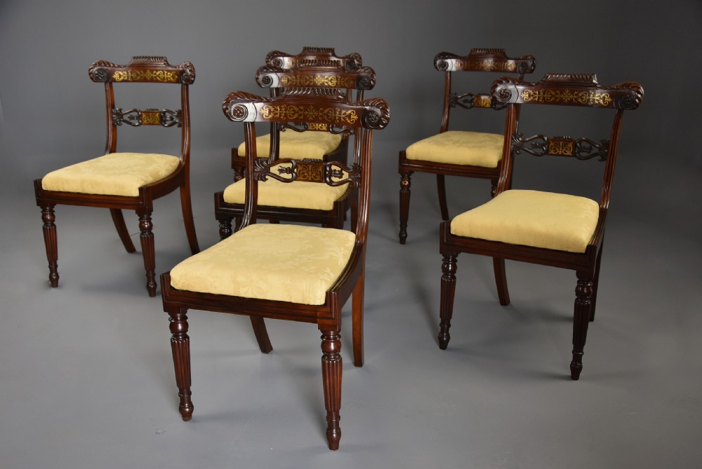 Fine quality set of six 19th century Regency rosewood dining chairs with brass inlaid decoration View VI
