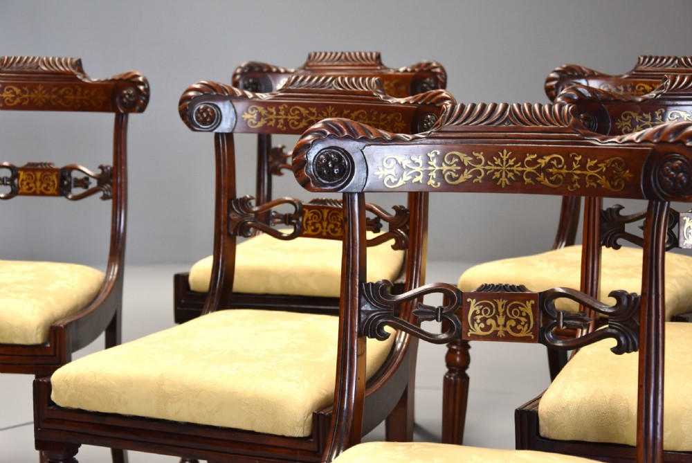 Fine quality set of six 19th century Regency rosewood dining chairs with brass inlaid decoration View VII
