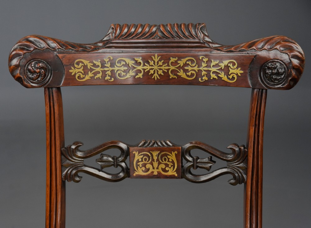 Fine quality set of six 19th century Regency rosewood dining chairs with brass inlaid decoration View X