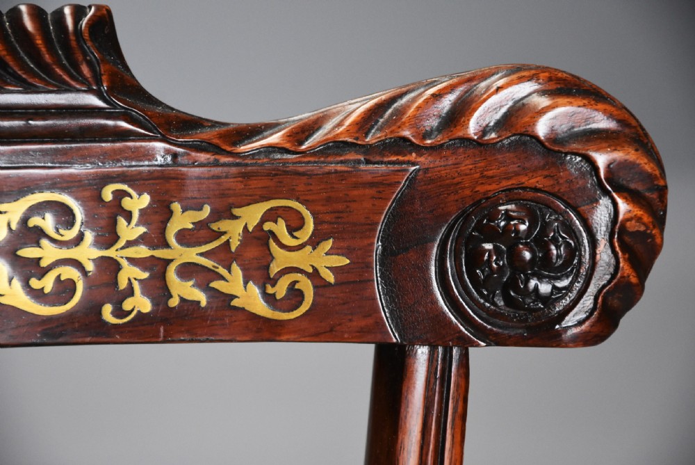 Fine quality set of six 19th century Regency rosewood dining chairs with brass inlaid decoration View XI