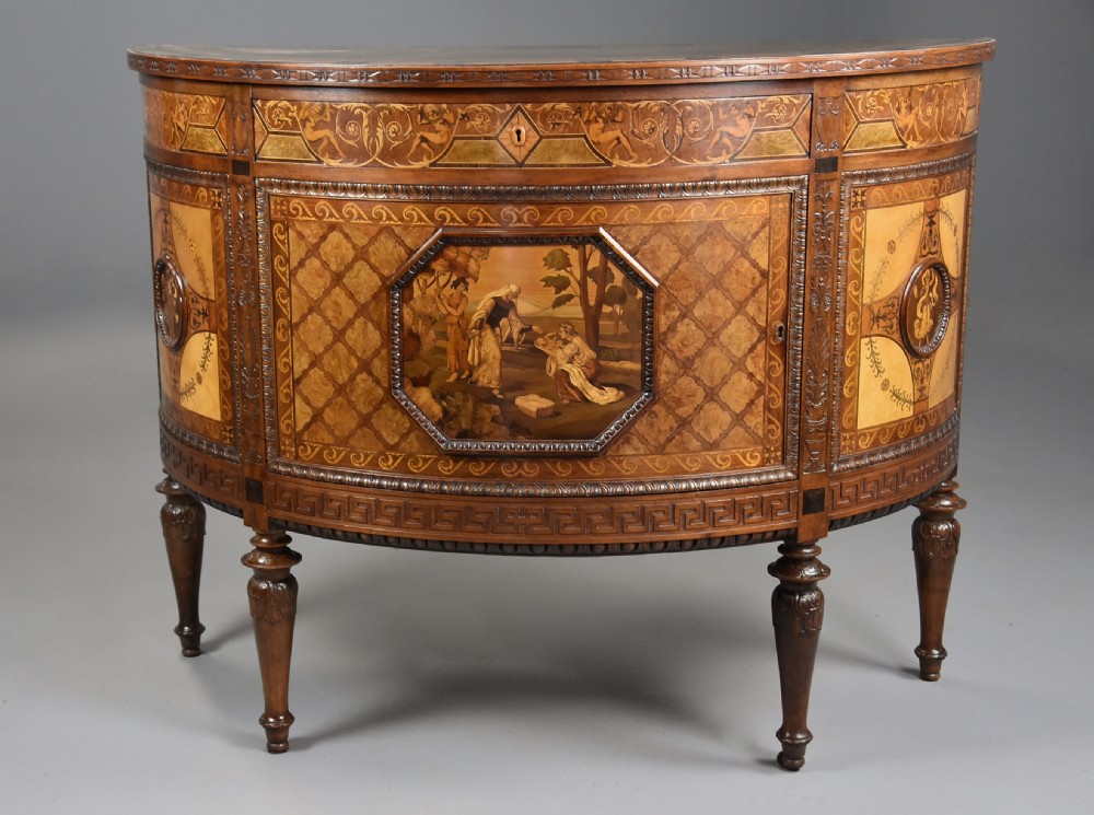 A pair of Italian Neoclassical demi-lune side cabinets featuring intricate floral and figurative marquetry inlay with tapered turned legs. View IX