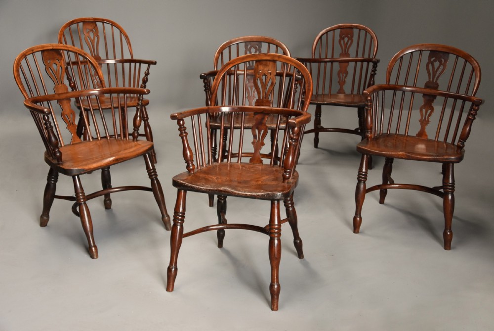 Mid 19th century well matched set of six yew wood low back Windsor armchairs
